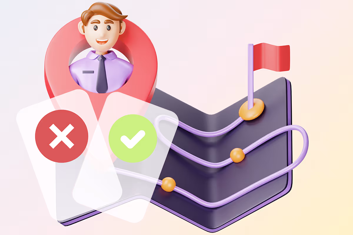 Best practice for sales funnel first cards, showing two mobile funnel entry screens side-by-side, one incorrect with red cross and one correct with green check, optimised for higher lead conversion.